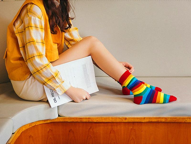 New Arrival Cotton Elasticity Sweat Women Long Sock Candy Colors Rainbow Patterned Sporty Retro Harajuku Casual Socks For Men And Women