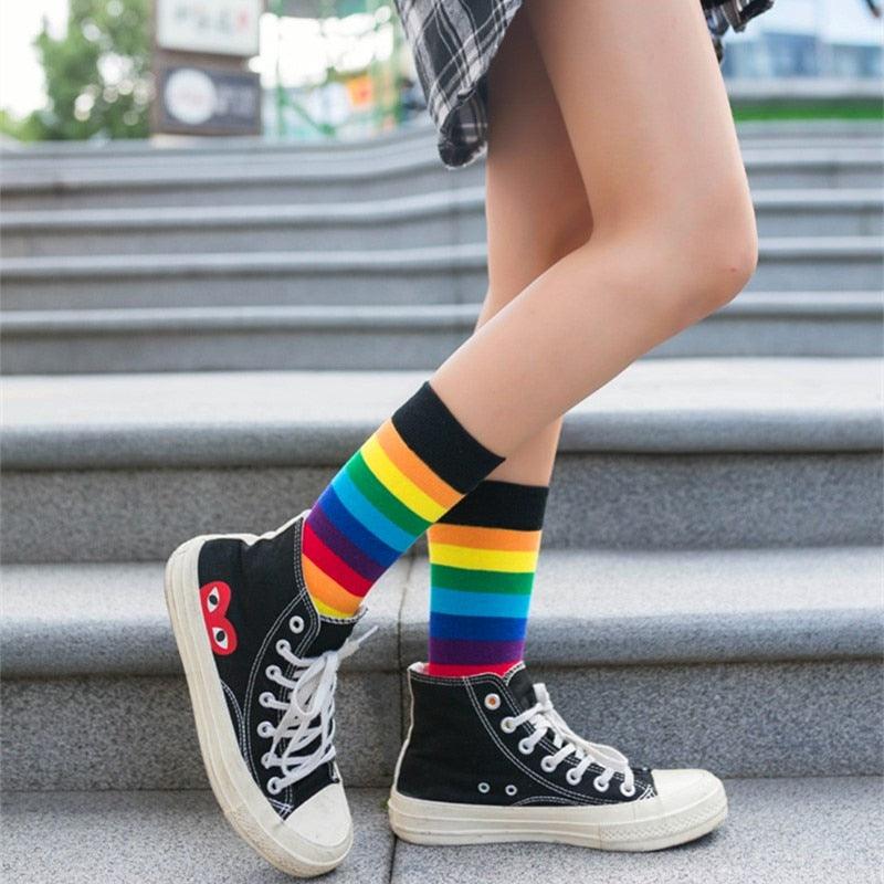 New Arrival Cotton Elasticity Sweat Women Long Sock Candy Colors Rainbow Patterned Sporty Retro Harajuku Casual Socks For Men And Women