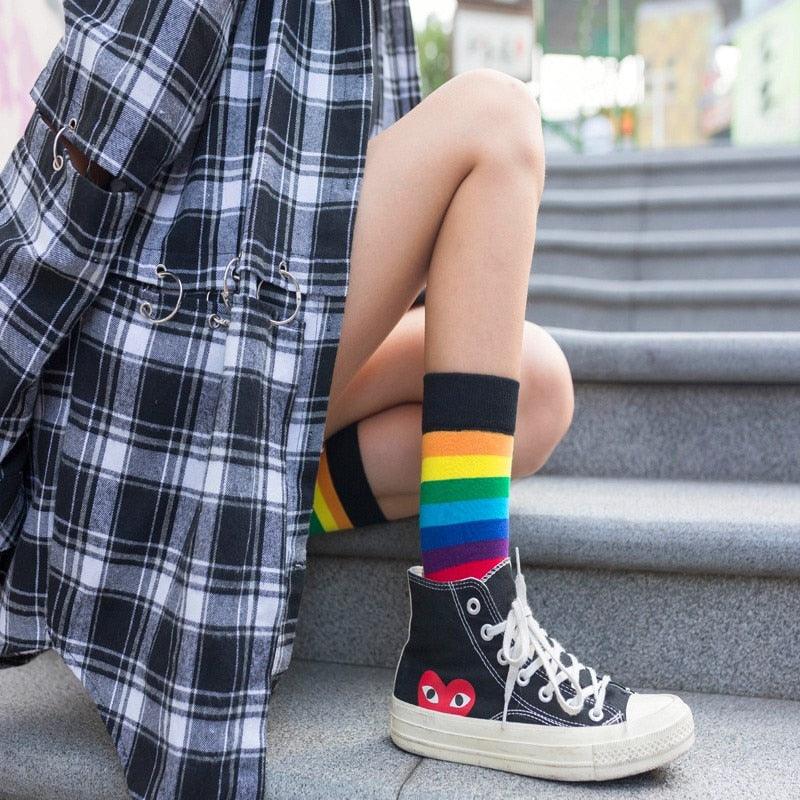New Arrival Cotton Elasticity Sweat Women Long Sock Candy Colors Rainbow Patterned Sporty Retro Harajuku Casual Socks For Men And Women