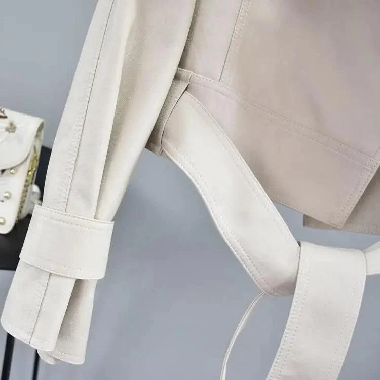 New Elegance Autumn Women's Pu Leather Jackets Short Coat Turndown Collar Belt Lace-up Motorcycle Black Punk Red Overcoat Female Outwear