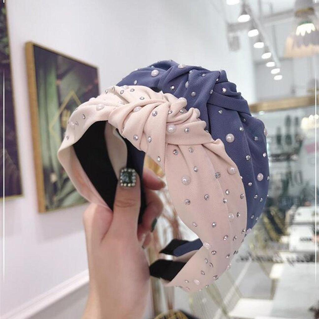 New Fashion Girls Headband Handmade Shining Pearls Rhinestone Ornament Hairband Women Middle Knot Turban Gorgeous Hair Accessories For Women