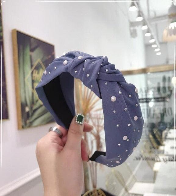 New Fashion Girls Headband Handmade Shining Pearls Rhinestone Ornament Hairband Women Middle Knot Turban Gorgeous Hair Accessories For Women