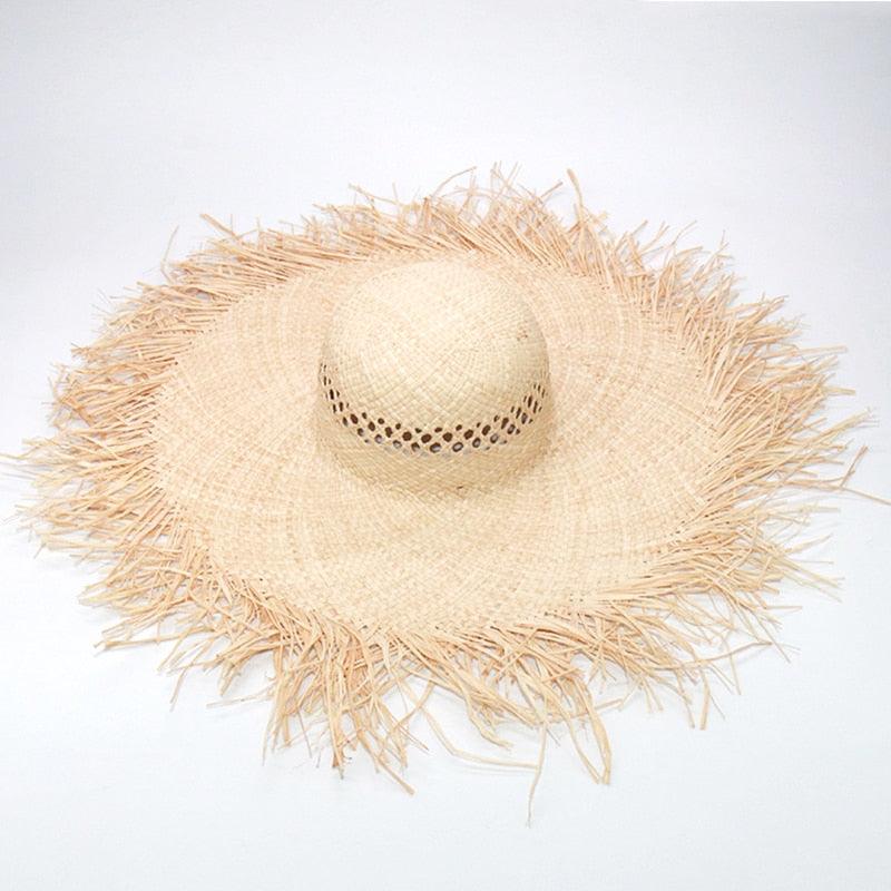 New Handmade Women Straw Sun Hats Large Wide Flat Top Wide Hat Beach Hat Lady Holiday Sun Protection Hat Girls Quality Natural Outdoor Sun Caps For Holiday Vintage Design Hat