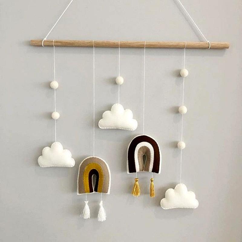 Nordic Healthier Style Cute Felt Clouds Shape Handmade Wall Hanging Fairy Tales Ornament Wooden Stick Tassel Pendant Hanging Ornaments For Kids Room Decoration Photography Props