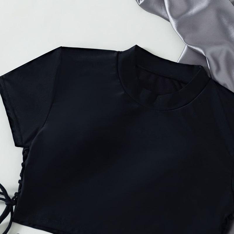 Sport Solid Color Athletic Bikinis Set Women's Two Piece Swimsuits Tie Knot Padded Push Up Modern Bikini Sets Women High Waist Swimsuit Rope Bow Bikini Set With Long Sleeves Bathing Suits