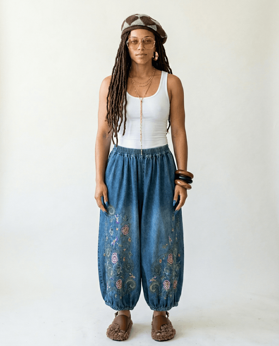 Embroidered Denim Wide-Leg Pants for Stylish Women