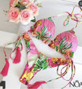 Tassel Leaves Print Woman Swimsuit Women's Two Piece Swimsuit Floral Print Bikini Sets New Comfortable Beach Bikini Bathing Suit Halter Triangle Lace Up Swimwear For Women