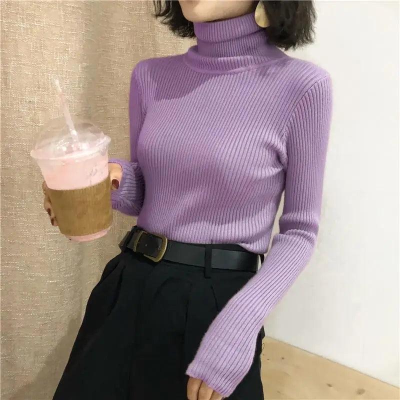Vintage Style Autumn Winter Thick Sweater For Women Knitted Ribbed Pullover Sweater Long Sleeve Turtleneck Slim Jumper Soft Warm Pullover