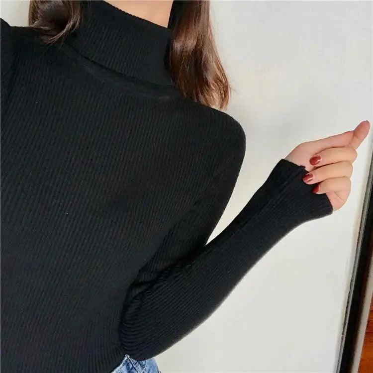 Vintage Style Autumn Winter Thick Sweater For Women Knitted Ribbed Pullover Sweater Long Sleeve Turtleneck Slim Jumper Soft Warm Pullover