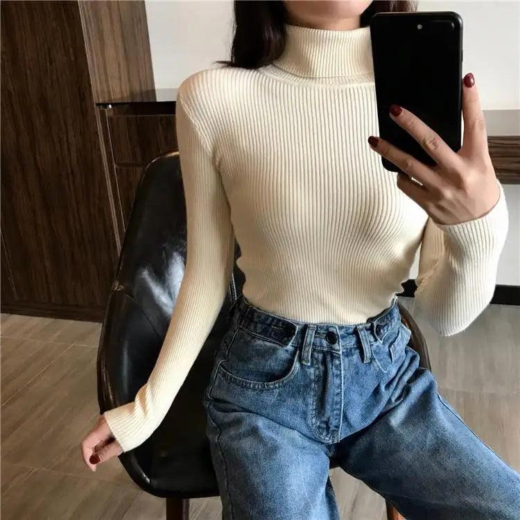 Vintage Style Autumn Winter Thick Sweater For Women Knitted Ribbed Pullover Sweater Long Sleeve Turtleneck Slim Jumper Soft Warm Pullover