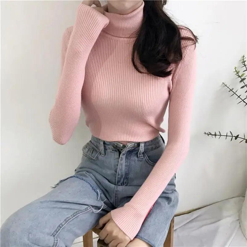 Vintage Style Autumn Winter Thick Sweater For Women Knitted Ribbed Pullover Sweater Long Sleeve Turtleneck Slim Jumper Soft Warm Pullover