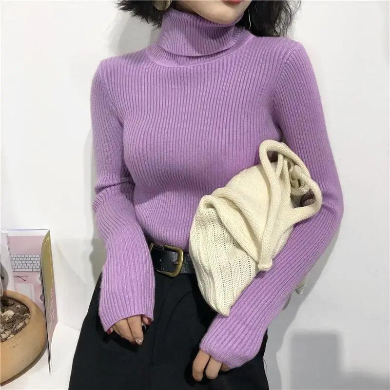Vintage Style Autumn Winter Thick Sweater For Women Knitted Ribbed Pullover Sweater Long Sleeve Turtleneck Slim Jumper Soft Warm Pullover