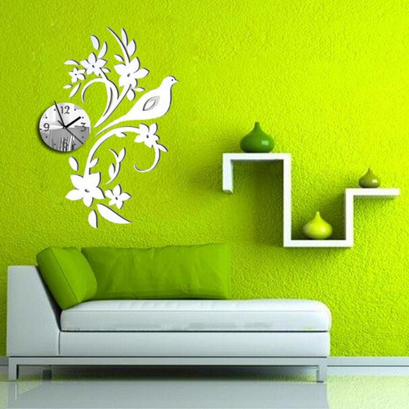 Wall Clock Modern Bird Design 3D Acrylic Mirror Living Room Quartz Needle 3D Clock Acrylic Mirror Wall Clock Decor Sticker Irregular Clock Wall Art Decals Wallpaper Home Decor for Living Room Bedroom Decoration
