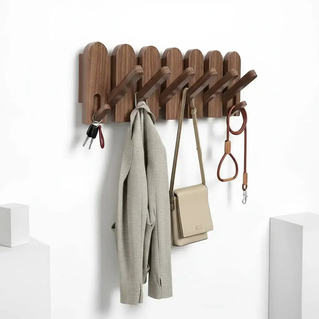 Stylish Walnut Wood Wall Mounted Coat Rack with Hooks
