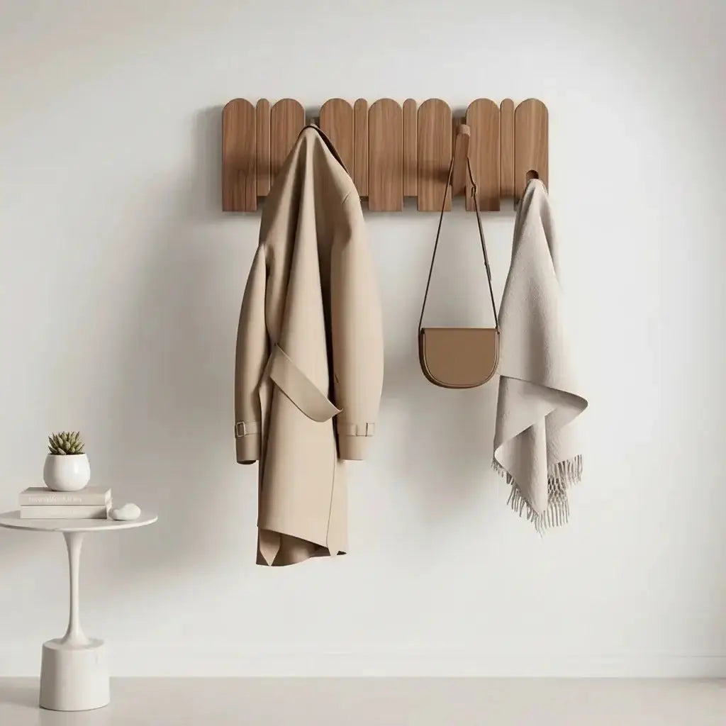 Stylish Walnut Wood Wall Mounted Coat Rack with Hooks