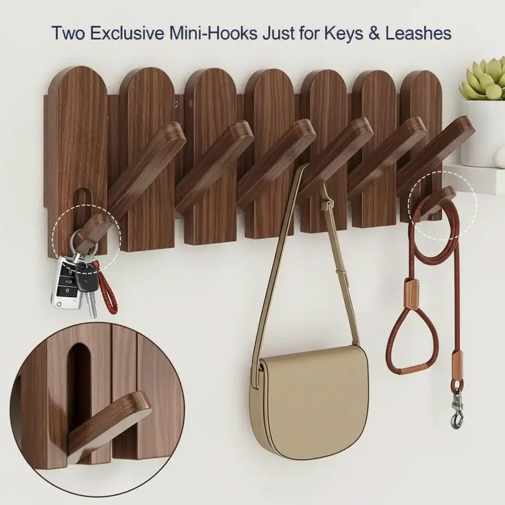 Stylish Walnut Wood Wall Mounted Coat Rack with Hooks
