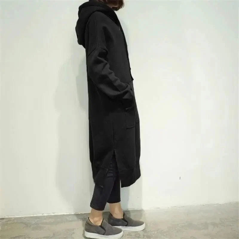 Women Loose Long Hoodie Casual Solid Color Hooded Sweatshirts Student's Autumn Winter Baggy Pullover Oversized Sweatshirt Dress