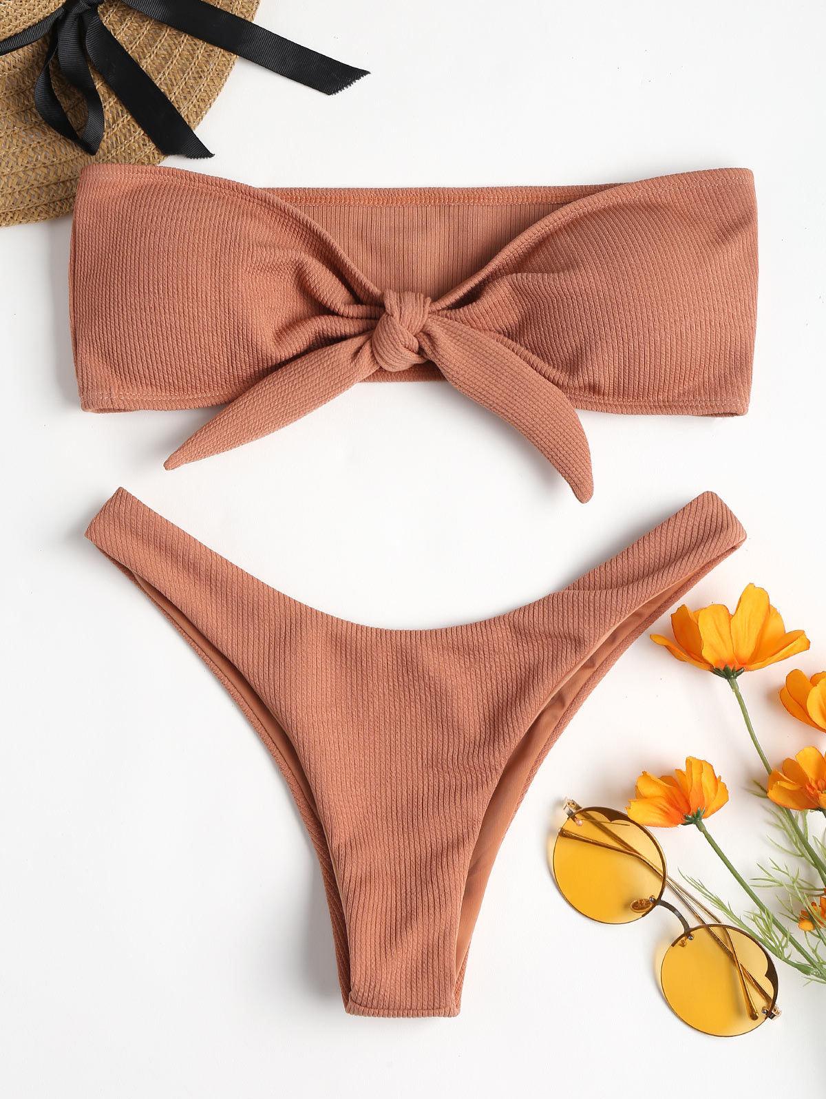Women's Strapless Bowknot Split Bikini Swimsuit Swimming Suit For Women Women's Tie Knot Front Solid Color Bikini Set Swimsuit Bathing Suits High Cut Bikini Set Strapless Solid Color 2 Pieces Bathing Suit